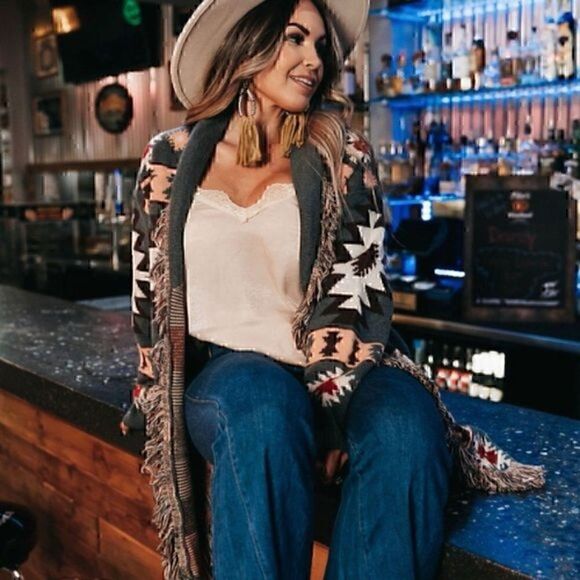 Western Ethnic Pattern Knit Cardigan, Casual Open Front Tassel Trim Sweater XL - Picture 4 of 7